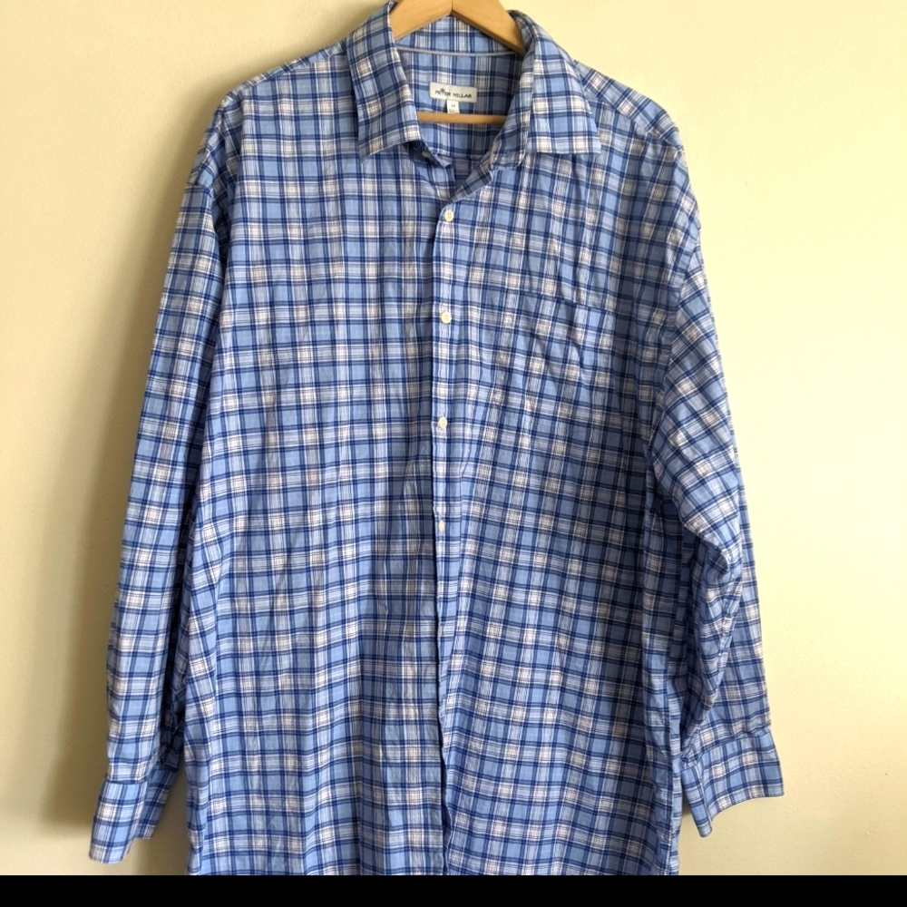 Peter Millar Blue & White Plaid Button-Up Shirt – Size 2X, Excellent Condition